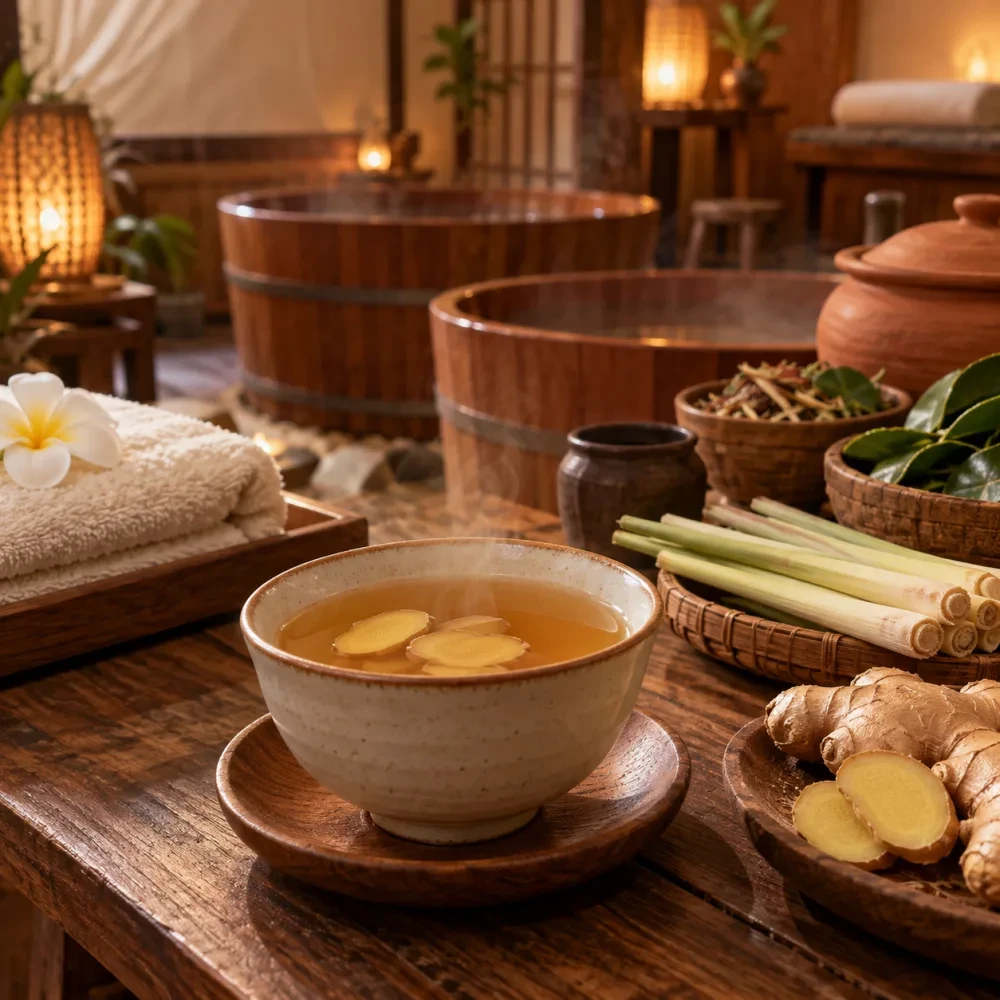 Chén trà gừng ấm trên bàn gỗ
