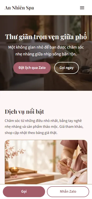 Mẫu Spa tối giản trên điện thoại