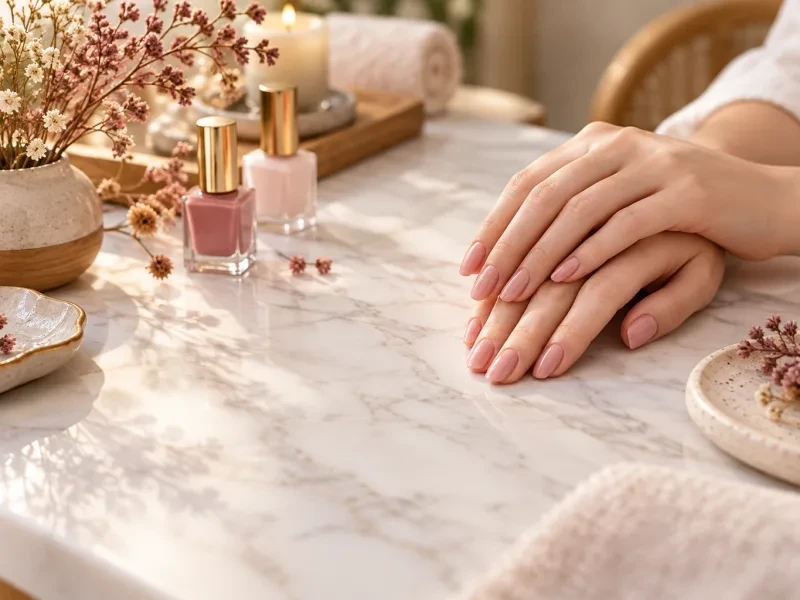 Đôi tay vừa sơn móng màu hồng nude trên bàn đá