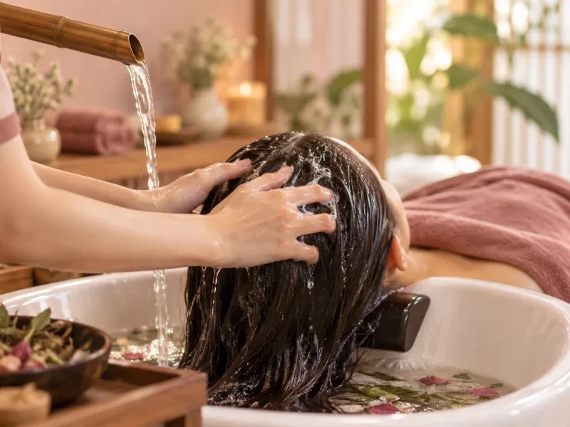 Gội đầu dưỡng sinh bên bồn gội, nước chảy nhẹ