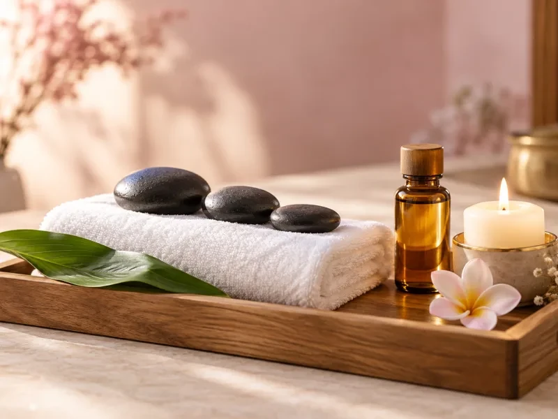 Đá nóng bazan xếp trên khăn trắng cạnh tinh dầu và nến