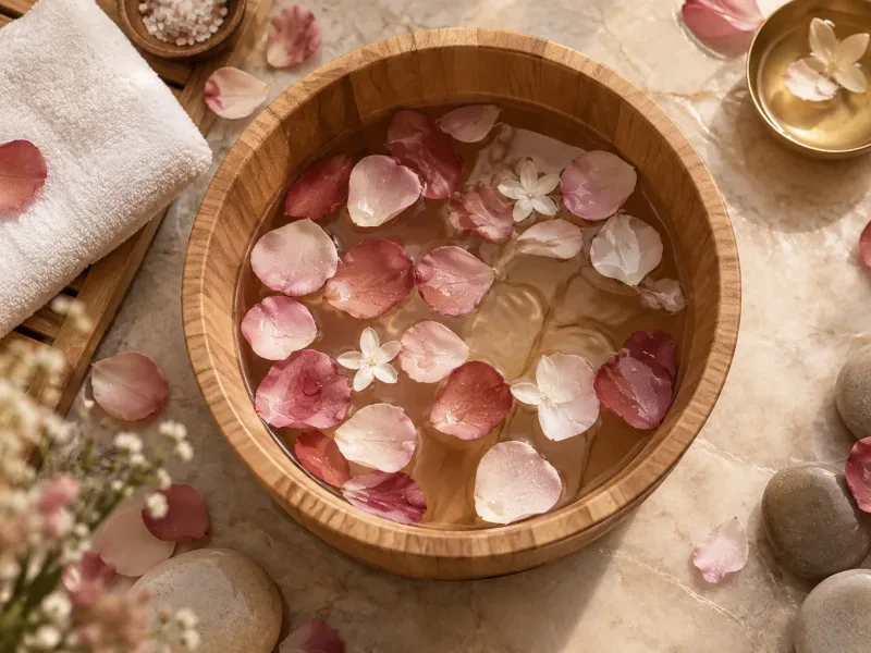 Chậu gỗ ngâm chân với cánh hoa hồng và đá cuội