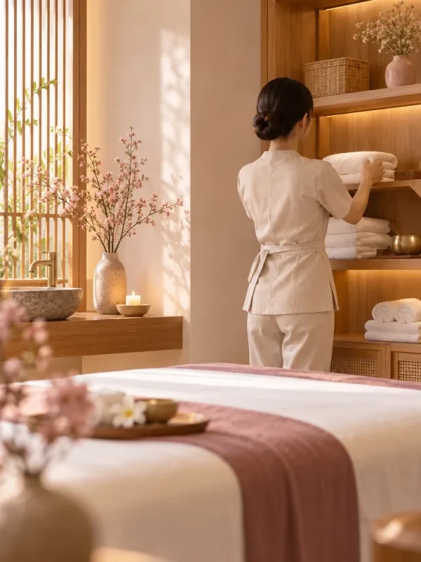 Kỹ thuật viên chuẩn bị khăn trong phòng thư giãn