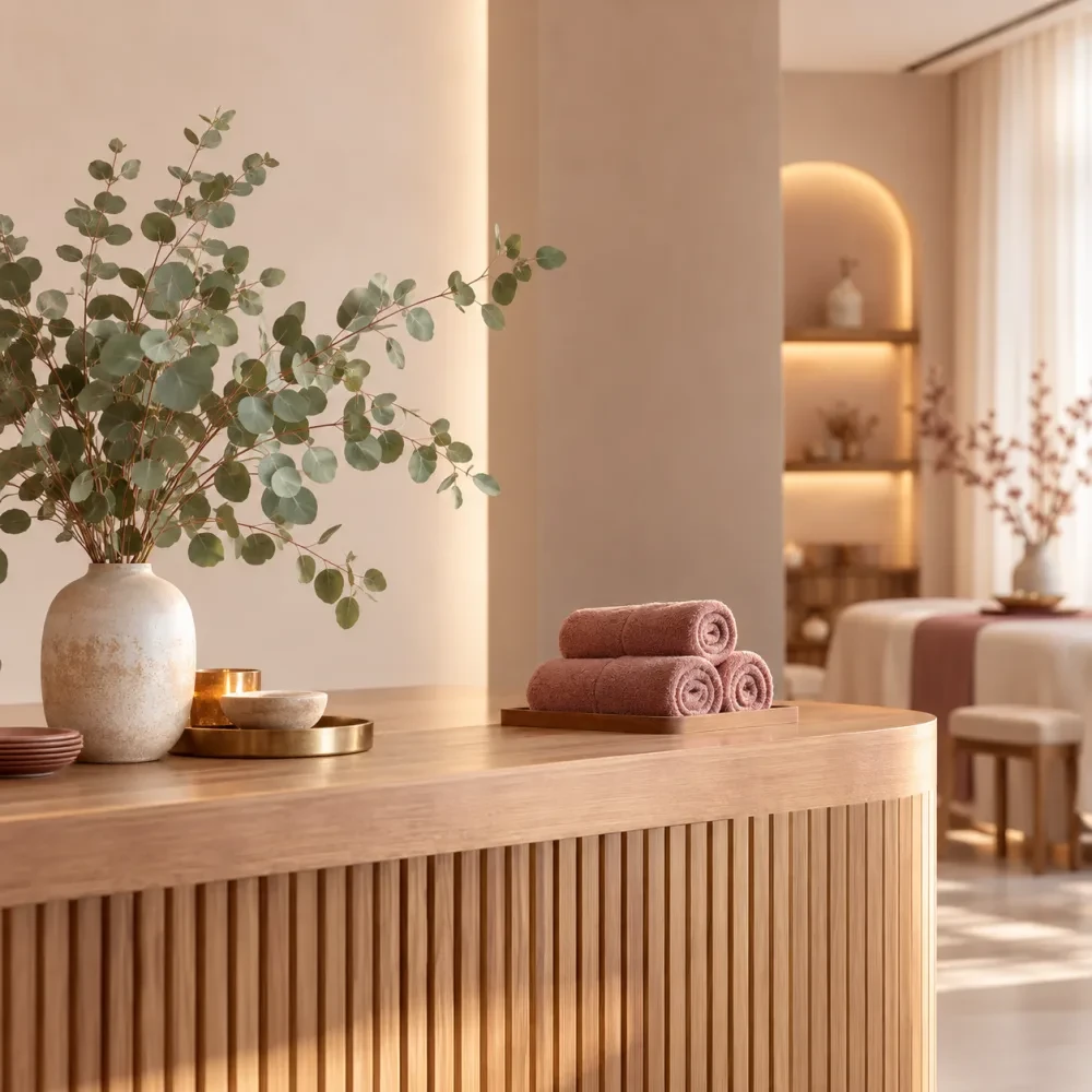 Quầy lễ tân gỗ với bình bạch đàn và khăn xếp gọn