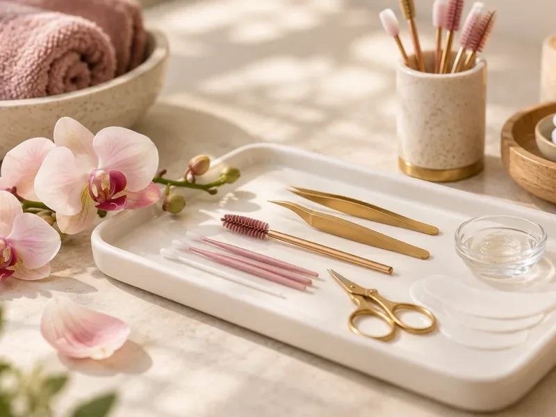 Dụng cụ chăm sóc mi và chân mày trên khay trắng