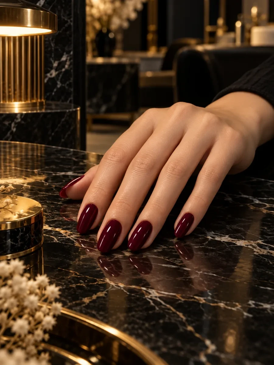 Bàn tay sơn gel đỏ rượu đặt trên đá đen