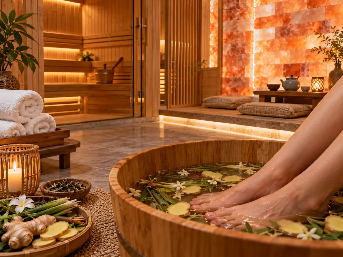 Đôi chân ngâm trong chậu gỗ có thảo mộc và lát gừng