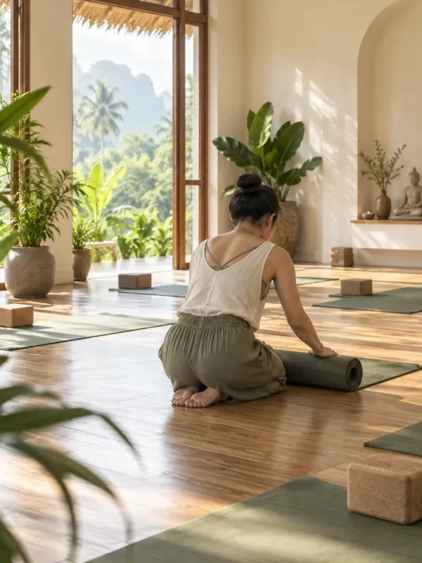 Giáo viên cuộn thảm tập, nhìn từ phía sau