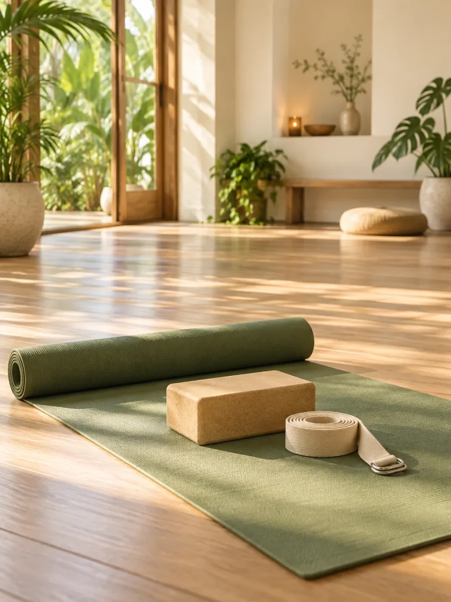 Thảm yoga, gạch kê và dây tập trên sàn gỗ