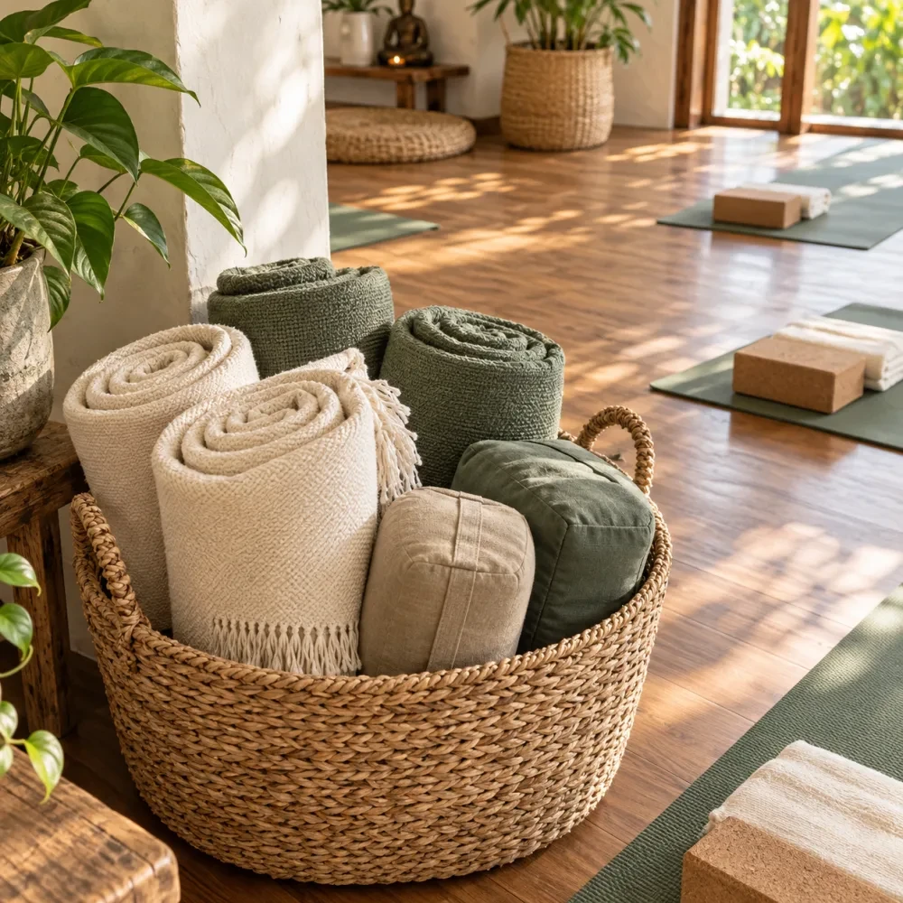 Chăn gấp và gối tập trong giỏ