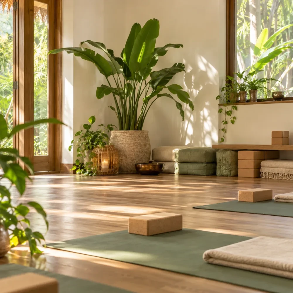 Góc phòng tập có gối ngồi và chậu cây lớn